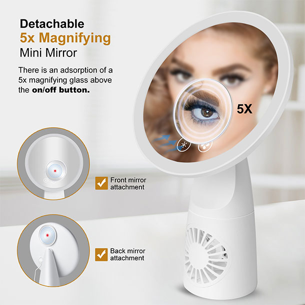 Miroir de courtoisie éclairé rechargeable avec ventilateur