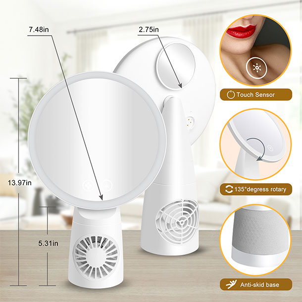 Miroir de courtoisie éclairé rechargeable avec ventilateur