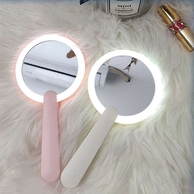 Miroir de courtoisie rond à LED avec mini poignée compacte de voyage pliable